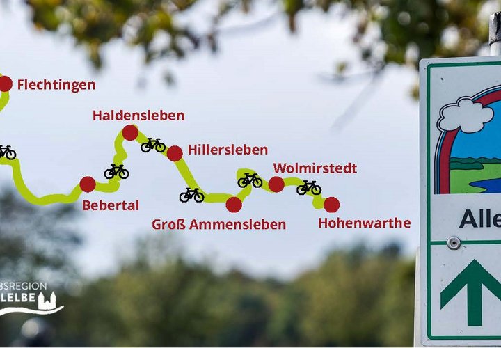 Streckenführung zwischen verschiedenen Orten und ein Wegweiser des Aller-Elbe-Radwegs