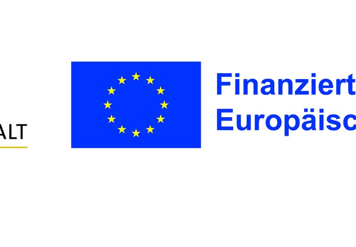 Man sieht das Landeslogo von Sachsen-Anhalt sowie die europäische Flagge mit dem Schriftzug "Finanziert von der Europäischen Union" daneben.