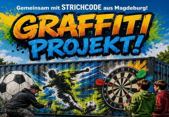 KI-generiertes Bild mit Fußball, Sprayer, Dartscheibe und Kindern